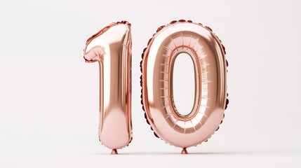 Rose Gold Inflatable Number 10 Balloon Isolated on White Ideal for Party Decoration Anniversary Sign Celebrations Events and Promotions