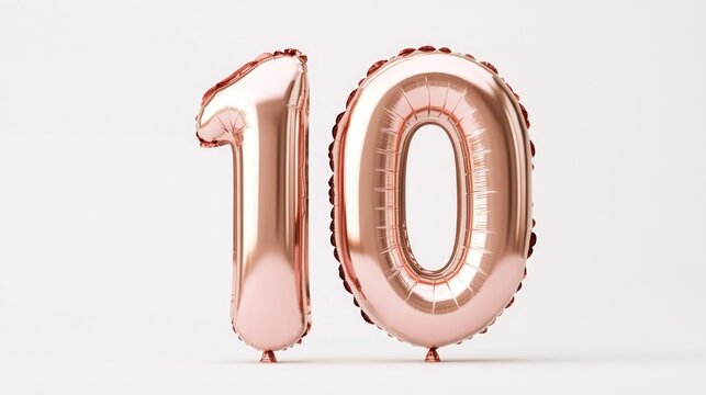 Rose Gold Inflatable Number 10 Balloon Isolated on White Ideal for Party Decoration Anniversary Sign Celebrations Events and Promotions