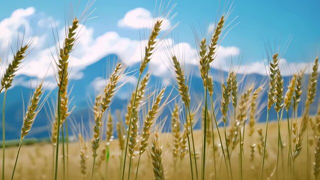 Close-up of barley against distant snow capped mountains.