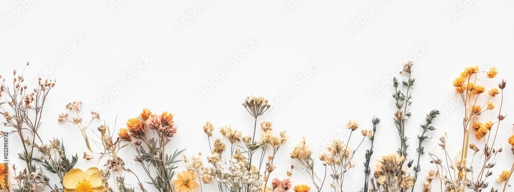 Poster Dried Pressed Flowers on White Background with Empty Space for Custom Text and Creative Design Elements