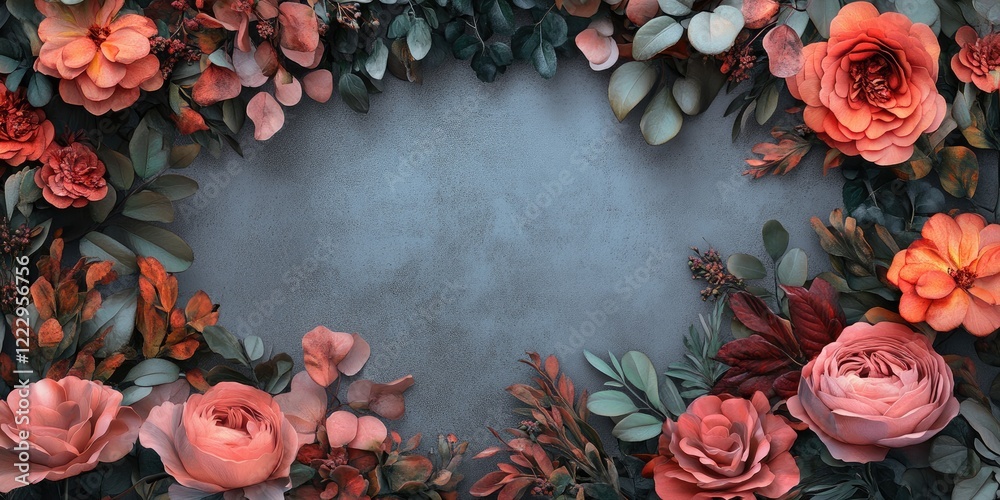 Aufkleber Elegant floral frame mockup with ample copy space for text surrounded by an array of blossoms and greenery on a textured background
