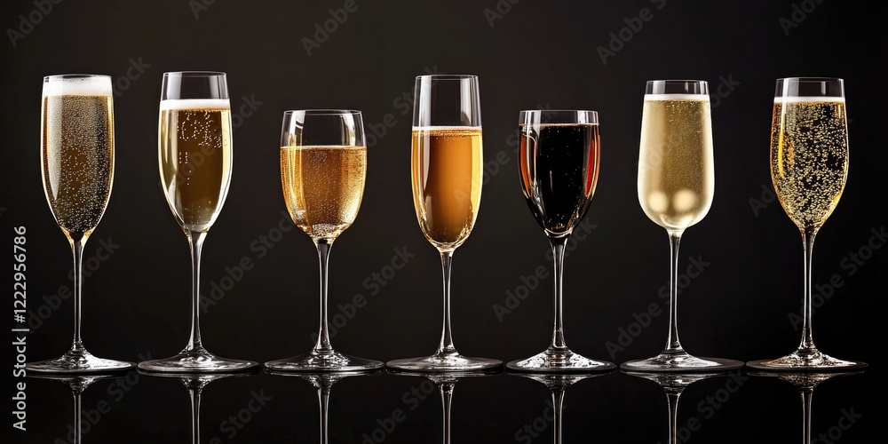Aufkleber Elegant coaster set featuring six diverse champagne glasses on a sleek black background with empty space for customizable text or branding.