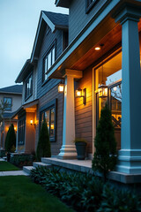 Fototapeta premium Luxury House Exterior at Night. Beautiful Home with Warm Lighting, Landscaping, and Architectural Details. Real Estate Photography