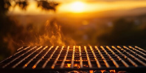 Empty grilling grate with sunrise backdrop showcasing warm colors and smoke, perfect for outdoor cooking and barbecue event promotions.