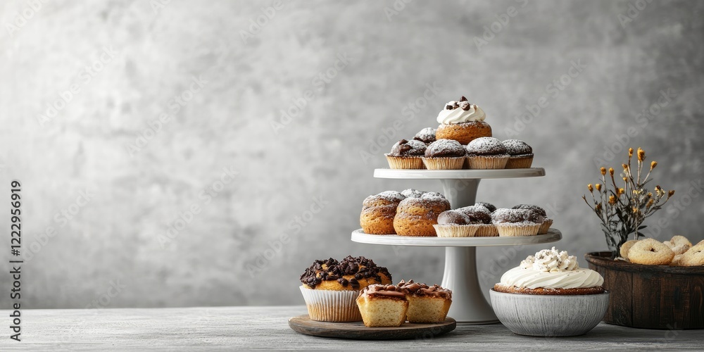 Poster Elegant Dessert Presentation Featuring Assorted Pastries and Cupcakes with Copy Space for Text or Branding