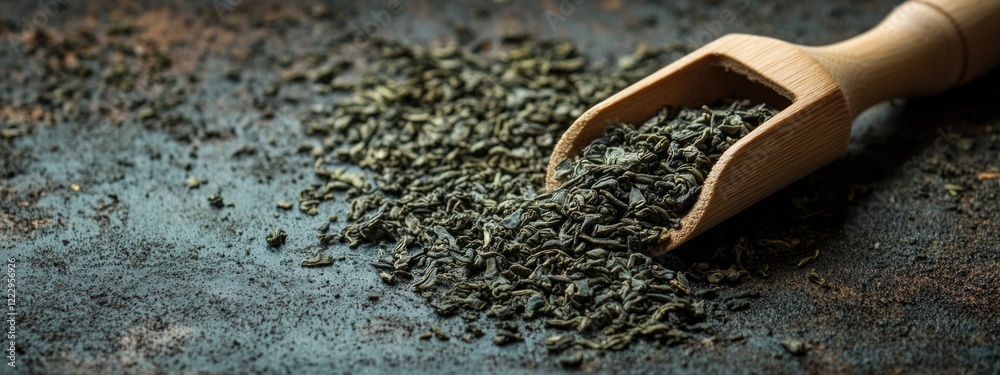Poster dried green tea leaves in wooden scoop on dark surface with empty space for text perfect for tea and