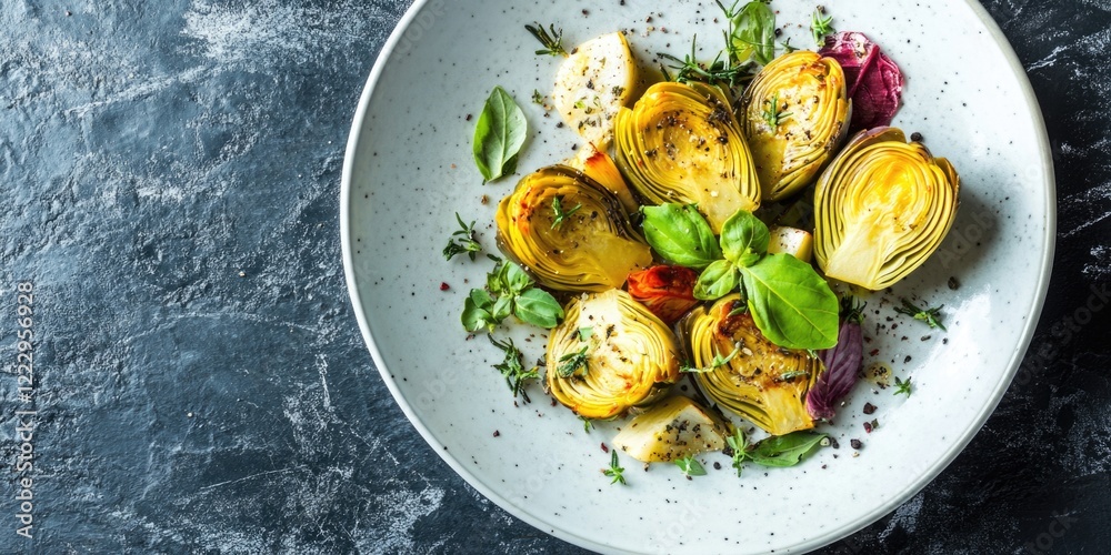 Poster elegant dish of roasted artichokes garnished with fresh herbs in a stylish restaurant setting with s