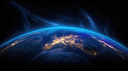Obraz premium Night Earth, Europe, City Lights, Space, Cosmic Rays, Background, Global