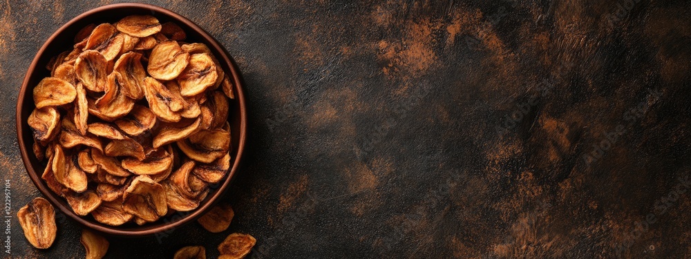 Poster dried banana chips in wooden bowl on dark rustic background with empty space for text and decoration