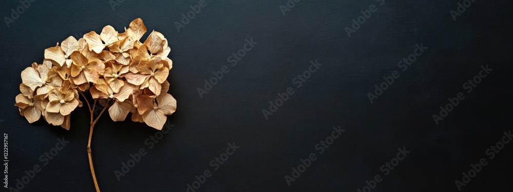 Leinwandbilder dried hydrangea flower composition on dark backdrop with ample space for text or design elements