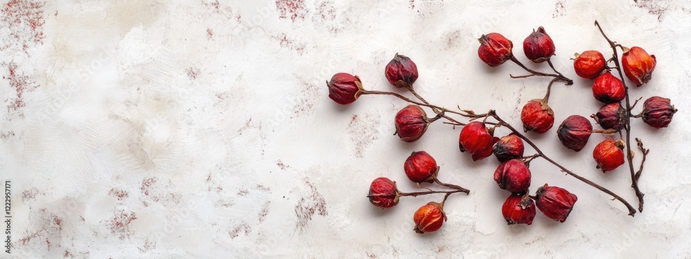 Poster Dried hawthorn berries composition on a bright minimalistic background with ample copy space for text and design elements.