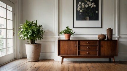 Potted Plants on Antique Cabinet in Bright Living Room