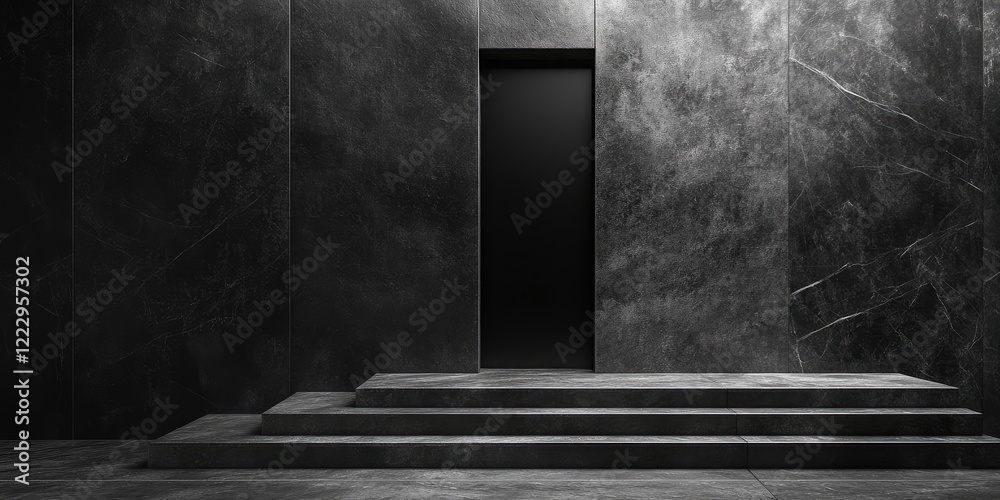 Aufkleber Steps to a Stone Door in Dimly Lit Chamber with Dark Textured Walls and Empty Space for Custom Text Overlay
