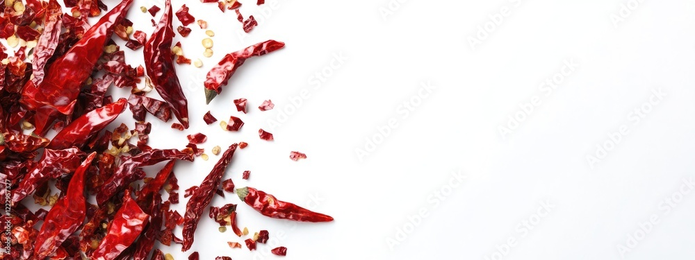 Aufkleber dried red chili peppers and paprika arranged on white background with ample empty space for cooking 
