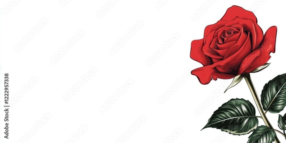 Poster elegant red rose in full bloom with lush green leaves and ample copy space for text or branding purp