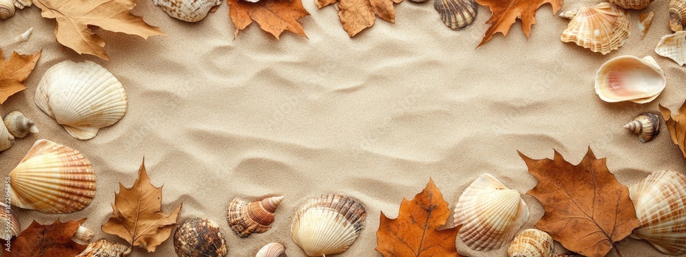 Poster Autumn composition of dried leaves and seashells on sandy background with ample space for text or creative design elements