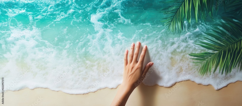 Poster tropical beach scene mockup with hand interaction clear space for design ideas and text close up mod