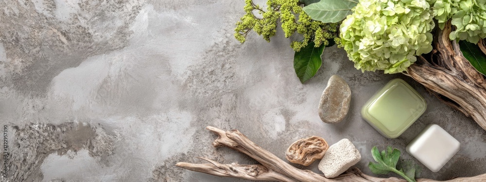 Poster natural driftwood bath products with fresh green floral arrangement and empty space for custom text 