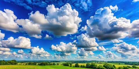 A bright blue sky with puffy white clouds drifting lazily across it, casting dappled shadows on the ground below, capturing the beauty of a serene summer day, sunshine, scenery