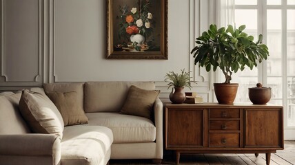 Potted Plants on Antique Cabinet in Bright Living Room