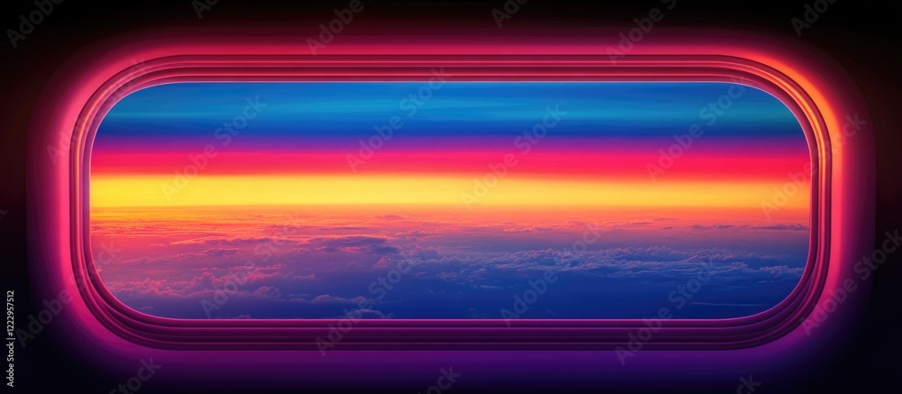 Aufkleber Sunset view from airplane window highlighting vivid sky colors with ample empty space for text design or overlay purposes