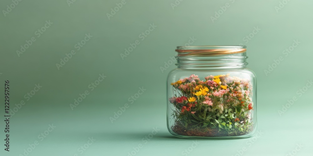 Poster delicate flowering plants in a glass jar with empty space for text against a soft green background s