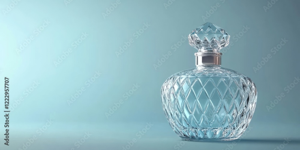 Poster Elegant crystal perfume bottle on soft blue background with ample space for product branding or text placement