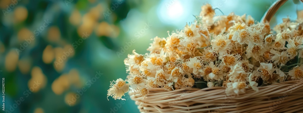 Poster dried linden flowers in a woven basket ready for herbal tea with natural bokeh background and ample 