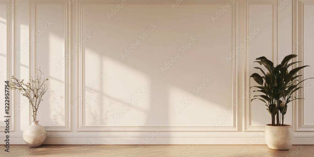 Aufkleber elegant dining room with mock-up wall featuring vases and plants offering ample copy space for text 
