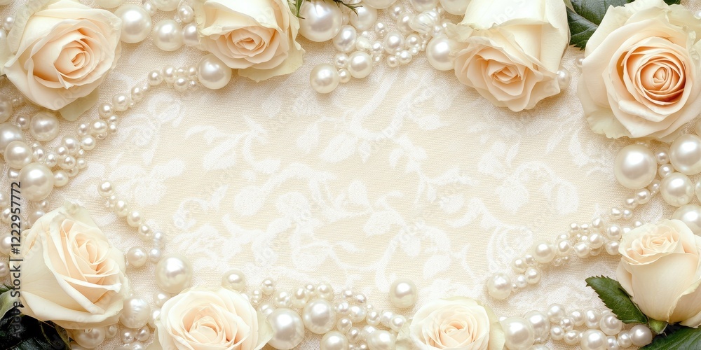 Poster elegant arrangement of white roses and pearls on a soft background with ample copy space for text or