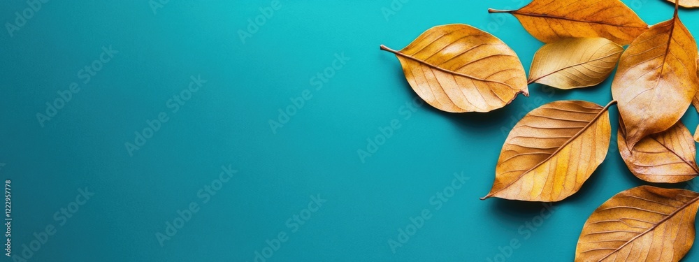 Poster dried autumn leaves on teal background creating a tranquil seasonal aesthetic with space for text or