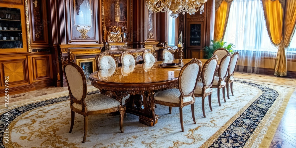 Poster luxurious dining room with opulent furnishings and generous empty space for text or branding purpose