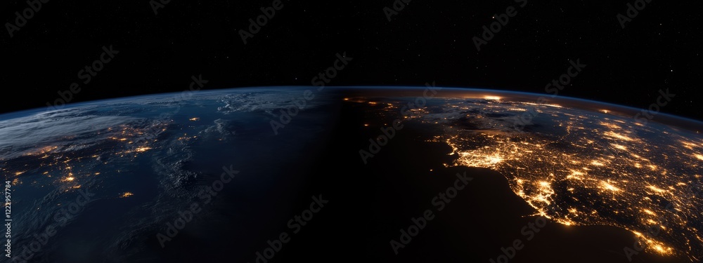Poster earth from space showing day and night contrast with vivid city lights and dark space for custom tex