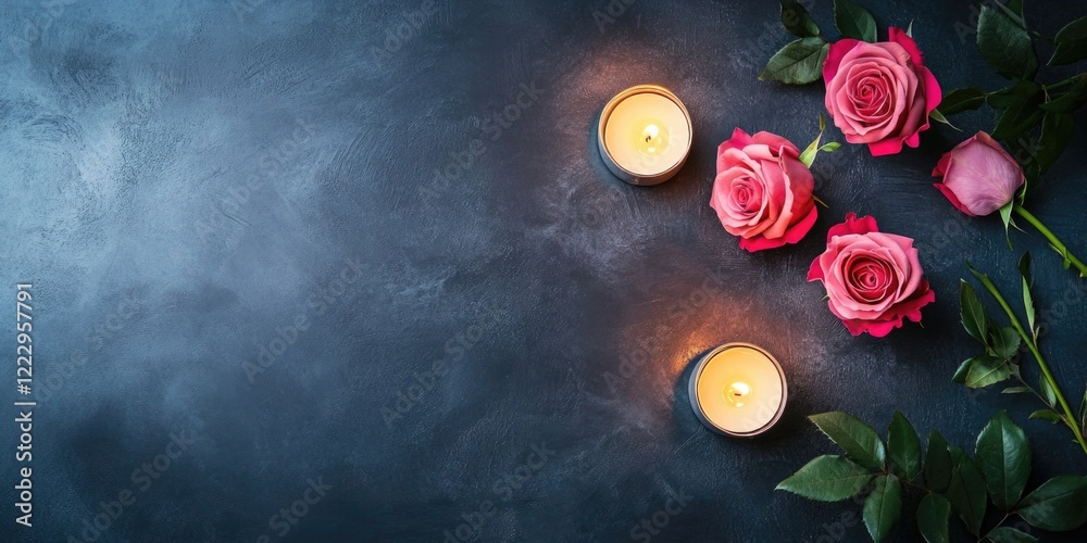 Aufkleber Elegant dinner table setting with pink roses and candles on dark background featuring ample copy space for text or branding.