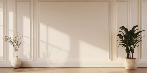 Elegant dining room with mock-up wall featuring vases and plants offering ample copy space for text and branding opportunities.