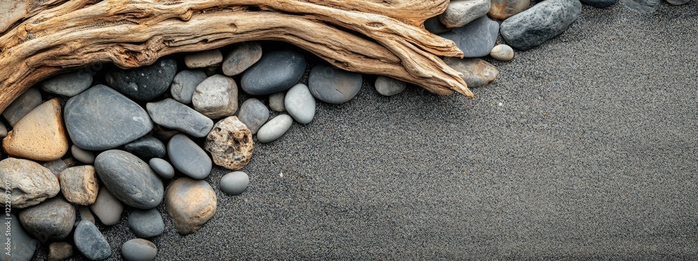 Aufkleber driftwood and smooth stones on a sandy beach creating a tranquil coastal background with ample space