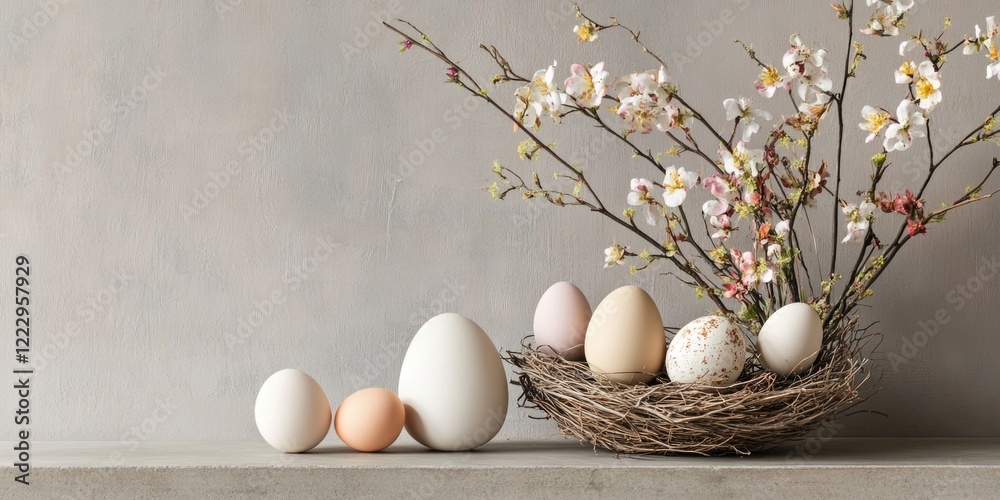 Poster elegant easter decor featuring assorted eggs nestled in floral arrangement with space for custom tex