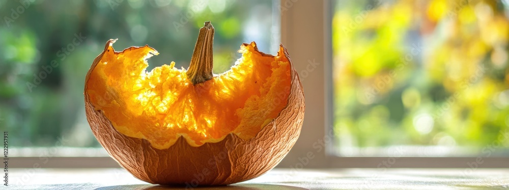 Aufkleber Dried decorative pumpkin on table with blurred window background and empty space for seasonal text or greeting messages