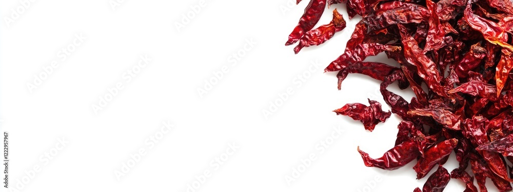 Poster dried red chili peppers arranged on a white background with ample space for text or design elements 