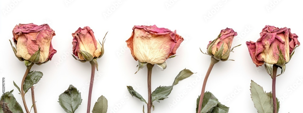 Aufkleber dried pink roses arranged in a row on white background with ample copy space for text or design elem