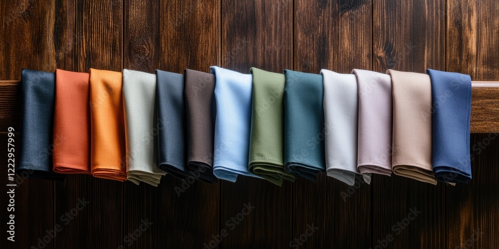 Poster elegant collection of neatly folded napkins arranged on wooden surface showcasing variety of colors 
