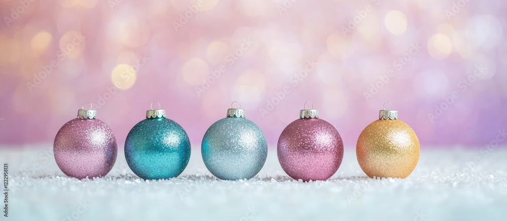 Poster Colorful Christmas ornaments on a sparkling background with bokeh lights creating a festive atmosphere and space for holiday text or message