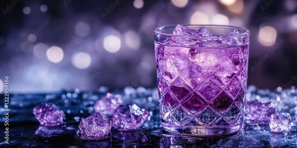 Poster purple cocktail drink on bar with glimmering bokeh backdrop and scattered ice for elegant promotiona