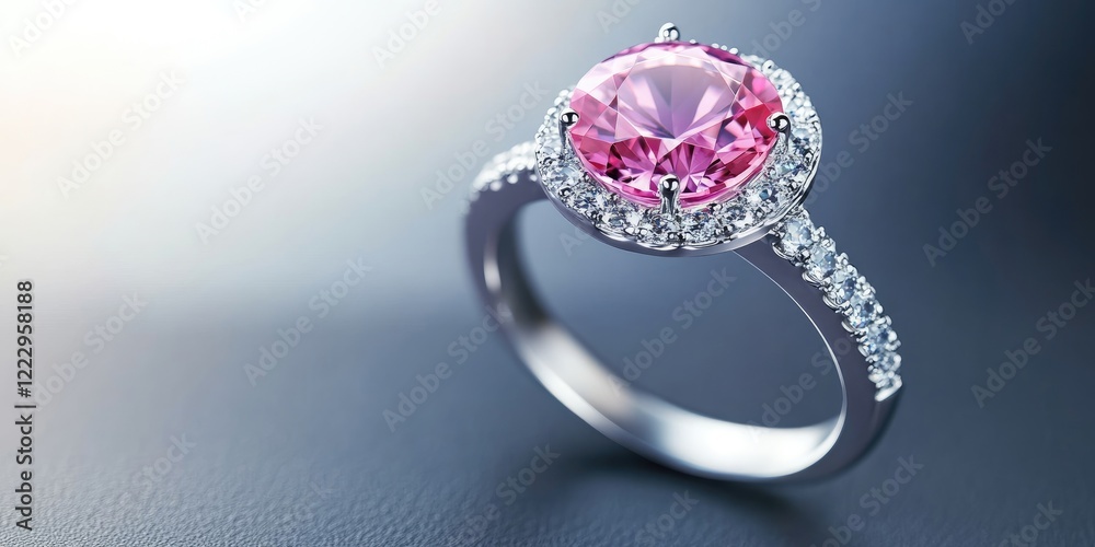 Poster elegant diamond ring showcasing a vibrant pink gemstone with a smooth background ideal for text plac