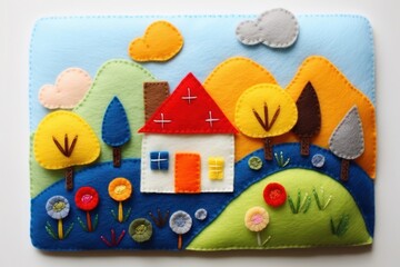 House on hill art textile pattern.