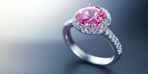 Elegant diamond ring showcasing a vibrant pink gemstone with a smooth background ideal for text placement and luxurious presentation.