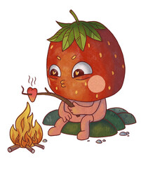 cute Strawberry character in love heart on fire valentine's day card for february 14