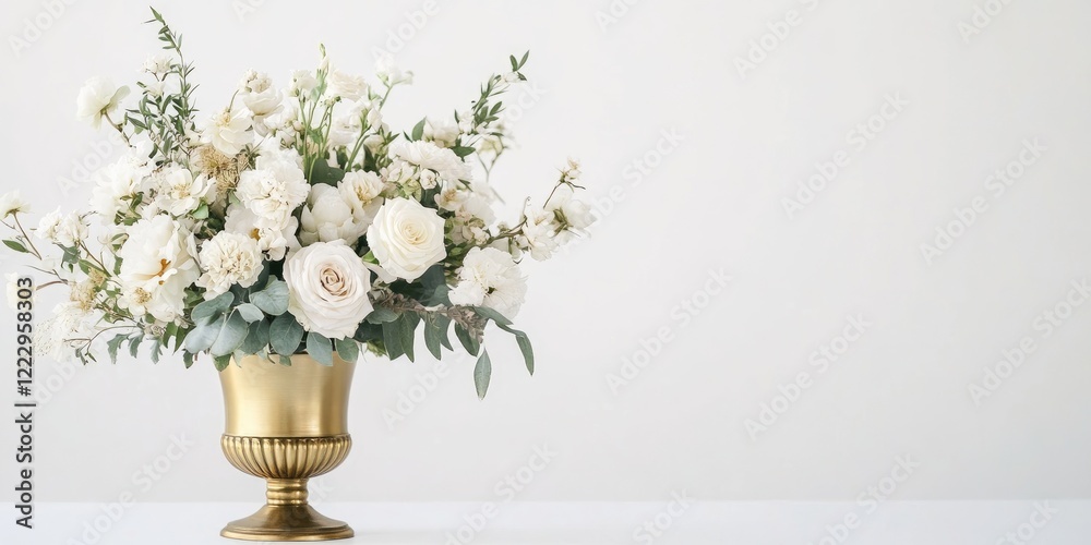 Poster elegant white floral arrangement in gold vase with ample empty space for text on a soft white backgr