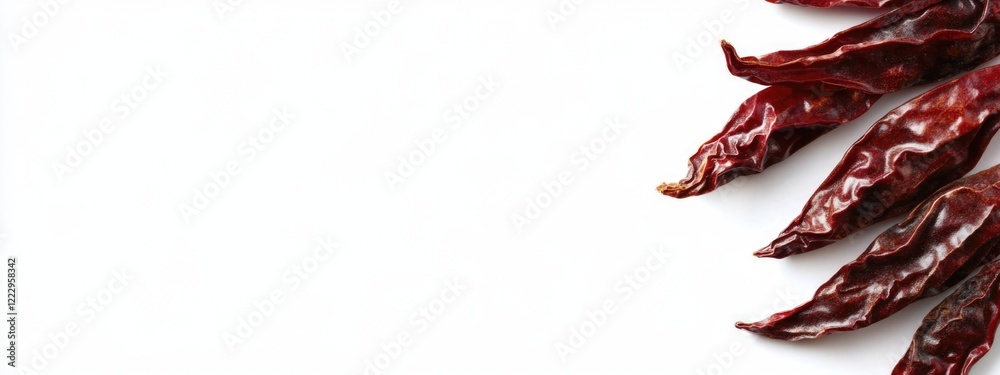 Poster dried red chili peppers isolated on white background with copy space for culinary text or design