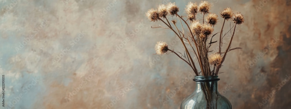 Poster dried thistle flowers in vintage glass vase against textured background with ample space for text or